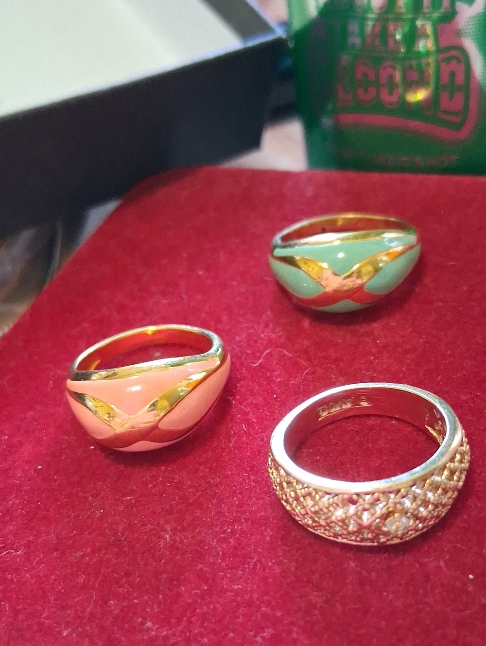 Avon Gold-Tone Pink and Mint Enamel Dome Ring Trio - Women Jewelry